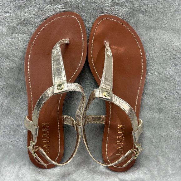 Lauren Ralph Lauren Womens Metallic T-Strap Sandals 7B Synthetic Upper - Picture 5 of 8